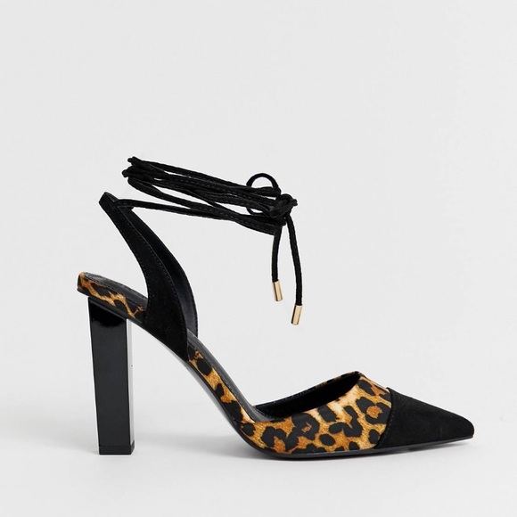 ASOS DESIGN picked up leg tie pointed high heels in leopard US10 - Picture 1 of 8
